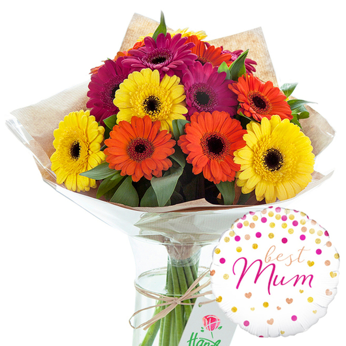A generous bouquet of gerbera daisies is captured in a bright, uncluttered scene, paired with a charming balloon designed especially for a mother. This looks like the style of gift a Merton florist might prepare for delivery around Wimbledon Chase or Raynes Park, combining bold colour with a soft, affectionate message. The bouquet itself is hand-tied and rounded, with approximately a dozen large gerbera heads opening widely towards the viewer. Each daisy displays uniform, flat petals radiating from a darker central disk, giving structure and a sense of harmony to the arrangement. The colours range from clear, sunshine yellows to rich oranges and deep magentas, the tones blending smoothly yet remaining distinct. Between these bright faces, luxuriant green leaves and filler foliage peek through, softening the outlines of the bouquet and adding a natural, garden-fresh character. The stems are neatly aligned and swaddled first in a layer of rustic brown kraft paper that folds gently around the flowers, its slightly wrinkled surface providing an earthy, tactile contrast to the smooth petals. Over this, a sheet of clear cellophane wraps the bouquet, catching reflections and creating a polished, ready-to-gift feel. A small bow of natural twine is tied securely near the base, simple and unpretentious. The arrangement is positioned upright in a tall, slender clear glass vase filled with water, the stems clearly visible as they descend into the vase, reinforcing the sense of freshly prepared flowers. To the lower right, a round white foil balloon adds a celebratory touch. Its design features scattered metallic gold and pink confetti-like dots and tiny hearts, with the central wording best Mum written in elegant pink cursive. As a whole, the image conveys a warm, heartfelt tribute, ideal for showing gratitude and love to a mother or mother figure anywhere in the Merton community.