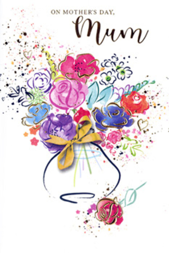 In this Mother's Day card illustration, a gracefully composed bouquet rises from the page, painted in watercolour tones that feel as soft and welcoming as a hug. The focal point is a cluster of roses and open blossoms, their petals shaped by fluid strokes of vivid pink, rosy magenta, and gentle blush. Each flower is built from multiple transparent layers, so the colours deepen where they overlap, creating the illusion of real, velvety petals you might see in a bouquet arranged by Merton Flowers for a local family celebration. Around these central blooms, smaller flowers and hints of foliage appear in soothing blues and lavenders, adding cool accents that calm the composition and evoke the peaceful paths along the River Wandle. Fine, shimmering gold outlines trace the petals and leaves, sometimes solid, sometimes only suggested, adding a subtle gleam whenever the light catches them. Tiny flecks and splashes of paint drift outward from the bouquet, blending pinks, blues, and soft mauves into the white background so the arrangement feels alive and gently expanding, like perfume drifting through a room. At the base, a lightly defined vase in muted, pastel tones cradles the stems; its rounded shape and narrow neck are encircled by the suggestion of a ribbon, perhaps tied just before the flowers leave the shop for delivery in Mitcham or nearby Morden. The mood of the image is tender and optimistic, celebrating the warmth, patience, and quiet strength of mothers everywhere, while conveying the simple joy of receiving a thoughtfully chosen floral gift on a special day.