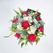 A lush, celebratory bouquet is photographed from directly above, its full, rounded shape glowing against a pure white background that makes every colour sing. At the heart of the design, richly ruffled hot pink carnations unfold in layers of silky petals, creating a frilled, almost cloud-like texture that immediately draws the eye. Nestled between them are deep pink and fuchsia roses, some fully open to reveal their classic spiral centres, others still in tight bud, suggesting blossoms yet to come. Scattered throughout the arrangement, clusters of tiny white spray chrysanthemums and daisy-like blooms add softness and sparkle, while airy sprigs of white gypsophila float between the flowers like delicate mist. Slender, closed white buds, likely alstroemeria or a lily-style bloom, peek up through the pinks, lending a sense of elegance and quiet purity. The flowers rest on a generous bed of greenery: cool, rounded eucalyptus leaves in silvery green weave in and out of the composition, their smooth, waxy surfaces catching the light, while longer, bright green blades of foliage arc outward to give movement and life. At the edge, darker, broader leaves-probably carefully folded aspidistra-form a neat, collar-like frame that makes the arrangement feel polished and intentional, like a finished piece of art. The lighting feels like gentle daylight, crisp and clean, making this bouquet look freshly arranged in a local Merton studio, ready to brighten a home near Morden Hall Park or accompany a family celebration. The overall mood is joyful yet tender, perfectly suited for birthdays, congratulations, or sending a vivid burst of encouragement to someone special in the neighbourhood.