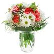 Radiating cheerful vitality and quiet elegance, this bouquet feels like a burst of spring in the heart of Merton. The arrangement's lively coral-pink carnations, richly textured and softly ruffled, form a vibrant core that instantly lifts the mood, reminiscent of sunny mornings by Cannon Hill Common. Crisp white daisies and multi-petaled chrysanthemums open wide around them, their green-eyed centres shining with purity and youthfulness. Baby's breath is artfully threaded throughout, lending the impression of a gentle, silvery mist drifting between the blossoms. Emerging from the left, a few unopened magenta alstroemeria buds add intrigue and hint at growth yet to come. Framed by lush green leaves-some glossy, some slender and matte-the bouquet finds its foundation in a clear, water-filled glass vase that reveals every sturdy stem. No detail is lost against the smooth white background and the generous lighting that bathes the flowers, illuminating the full spectrum of colours and textures. This thoughtful arrangement makes the perfect birthday, congratulations, or get-well gift, available for prompt delivery by Merton Flowers to homes throughout Wimbledon, Colliers Wood, and beyond-each bloom a promise of joy and resilience.